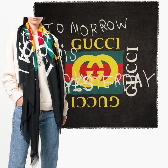 GUCCI SCARF COCO CAPITAN TOMORROW GG LOGO BLACK MODAL SILK SHAWL SQUARE 55"
